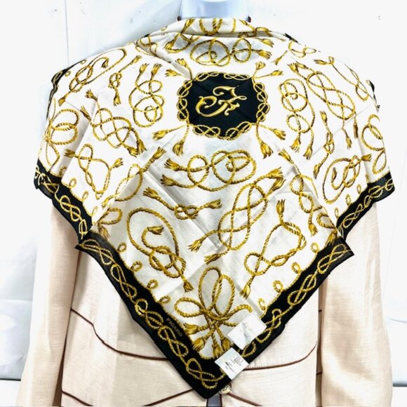 New T FIGARO Paris (Big Series) Mini Scarf Cotton/Slk 22" White Black Yellow(81) - Picture 1 of 7